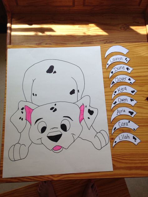 Pin the tail on the puppy #homemade 101 Dalmatians Party Games, Pin The Tail On The Puppy, Dalmatian Party Decorations, Pin The Tail On The Dog, 101 Dalmations Birthday, Dog Party Theme, 101 Dalmations Party, 101 Dalmatians Party, 101st Day Of School