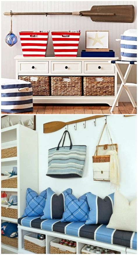 Easy way to create a great coastal or nautical theme entryway with wardrobe storage, using a bench with basket compartments. Brings a great natural vibe to the space while providing ample of storage. Featured on Completely Coastal. Shop the Look! Entryway Wardrobe, Long Hallway Decor, Beach Towel Storage, Farmhouse Projects, Pool House Decor, Coastal Entryway, Coastal Vibes, Beach Ideas, Hallway Storage