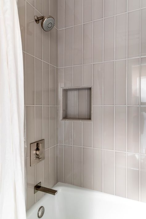 Long Vertical Tiles Bathroom, Tile For Around Bathtub, 3x9 Subway Tile Bathroom, Big Vertical Shower Tile, Verticle Tile Showers, Shower Vertical Subway Tile, Niche In Tub Shower Combo, Bathtub Shower Combo Tile Ideas, Horizontal Subway Tile Bathroom