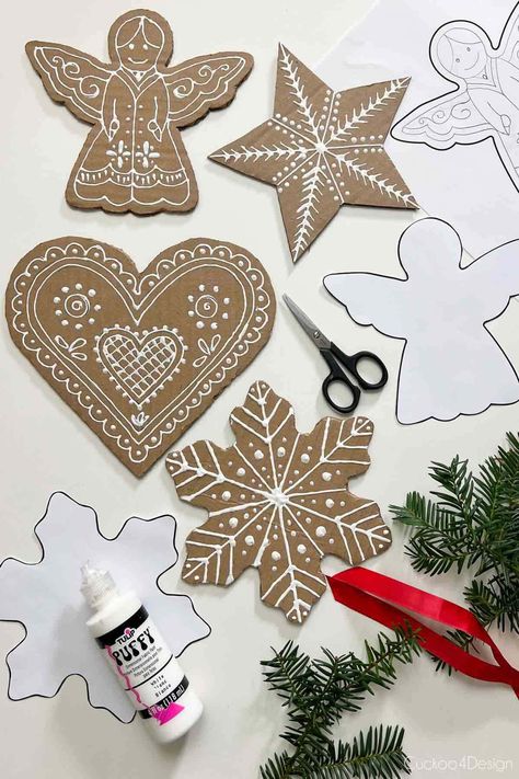 25 Best cardboard Christmas decorations & crafts ideas such as easy DIY Xmas trees, ornaments, wreaths, fireplace, gingerbread houses, winter village, snowman, etc! - A Piece of Rainbow, holiday crafts for kids, advent calendar, garland, handmade, gifts, gift tags, modern, farmhouse, boho, Scandinavian, vintage, budget decor, dollar store, Anthropologie style, wall decor Cardboard Christmas Ornaments Diy, Gingerbread Outside Decor, Christmas Cardboard Crafts, Diy Cardboard Christmas Decorations, Cardboard Decoration Ideas, Cardboard Gingerbread Man, Christmas Cardboard Decorations, Diy Gingerbread Decorations, Diy Gingerbread Ornaments