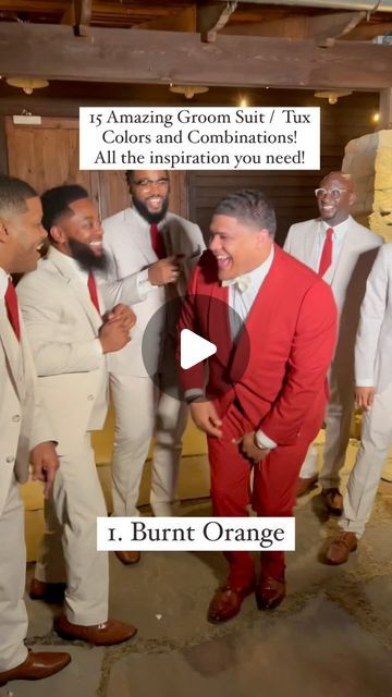 Afolabi Sogunro on Instagram: "Trying to figure out what suit / tux color would be best for groom is a major task. Especially the fact that it has to perfectly compliment the brides dress. Here are 15 amazing groom suit / tux colors and combinations! It’s all the inspiration you need! SAVE and SHARE!
.
1. Burnt Orange
2. Magenta and Black
3. Green
4. Black and White 
5. Lavender and White
6. Black and Black 
7. Gold and Black
8. All White
9. Beige and Black
10. Navy Blue 
11. Burgundy and Black 
12. Mauve
13. Gray 
14. White and Maroon
15. All Black
.
#groom #groomsmensuits #weddinginspiration #groomsmen #weddingtips #groomstux 
#brides #groom
#brideandgroom" Tux Colors, Black Groom, Groom Tux, Brides Dress, Black And Black, Groomsmen Suits, Beige And Black, Groom Suit, Black 7