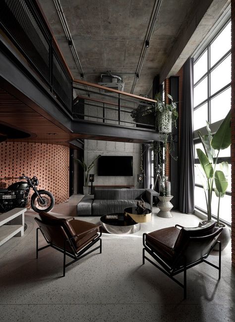 Industrial Interior Furniture, Industrial Interior Design Furniture, Modern Industrial Interior Color Palette, Industrial Lobby Design, Loft Estilo Industrial, Brick Feature Wall, Industrial Loft Design, Modern Industrial Interior, Industrial Style Interior