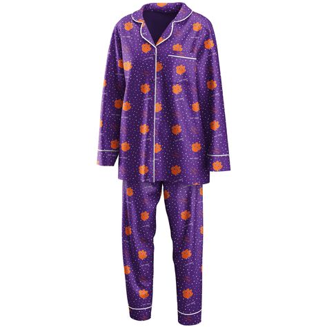 For your lazy game day pleasure, this WEAR by Erin Andrews sleep set is the perfect way to convey your Clemson Tigers spirit from home. It includes a cozy button-up shirt with a chest pocket and pants with an elastic waistband for the ideal fit, both with an allover polka dot and Clemson Tigers design. The soft, silky material keeps you at ease during the game, and the V-neck cut and relaxed fit offer a cute and comfy team look. Erin Andrews, Plaid Pullover, Tiger Design, Clemson Tigers, Sleep Set, Women's Wear, Neck Hoodie, Shirt And Pants, Sleepwear Women