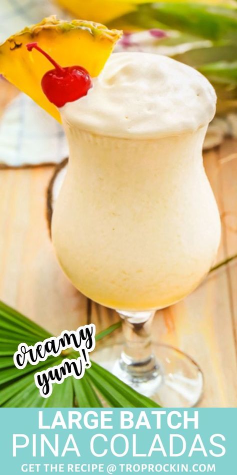 This Big Batch Pina Colada recipe is creamy and delicious! Add a little vanilla ice cream to get the extra smooth texture and top with whipped cream. Cheers! Pina Colada Pitcher Recipe, Batch Summer Cocktails, Creamy Pina Colada Recipe, Pina Colada Recipe With Ice Cream, Refreshing Rum Cocktails, Pina Colada Drink, Easy Pina Colada Recipe, Piña Colada Recipe, Pina Colada Cocktail Recipe