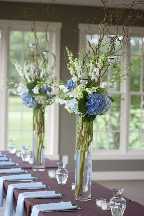 tall rustic centerpieces look beautiful with the mixture of blue, green, white and brown via Jeff Greenough / http://www.himisspuff.com/tall-wedding-centerpieces/13/ White Reception, Blue Wedding Centerpieces, Wedding Flowers Hydrangea, White Weddings Reception, Blue Centerpieces, Green Centerpieces, Tall Wedding Centerpieces, Blue And White Flowers, Beautiful Wedding Flowers