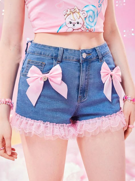 Kawaii Contrast Lace Bow Decor Denim Shorts Stayc Concert, Cute Outfits Pastel, Pastel Aesthetic Fashion, Hairstyles Space Buns, Fluffy Scrunchies, Hair Clips Flower, Outfits Pastel, Women Denim Shorts, Bow Decor