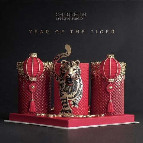 Chinese New Year, Mini Cakes, Gumpaste, Hand-painted, Red, Gold, Neiman Marcus - @delacremestudio. . Chinese New Year Desserts, Chinese New Year Cake, Asian Party, New Year's Cake, Couture Cakes, Year Of The Tiger, The Tiger, Cake Inspiration, Lunar New