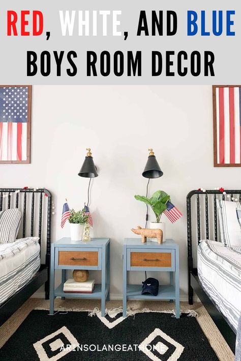 America Bedroom Theme, Boys Usa Bedroom, Boys Americana Bedroom, Patriotic Guest Bedroom, Red White And Blue Bedroom, Patriotic Boys Bedroom, Boy Room Red, Boys Military Bedroom, Teen Boy Room