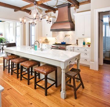 copper range hood I love the copper exhaust fan and the character the beams give! Kitchen Island Table Combination, Kitchen Island Designs With Seating, Classic Kitchen Style, Wolf Oven, River Ideas, Narrow Kitchen Island, Kitchen Island With Stove, Stove Hood, Copper Hood