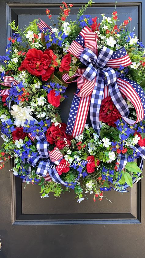 Sassydoorswreaths 154 Americana Wreaths For Front Door, Fourth Of July Door Decorations, 4th Of July Wreath Diy, July 4th Wreaths For Front Door, Red White And Blue Wreaths, Patriotic Wreaths For Front Door, 4th Of July Wreaths, Summer Wreath Ideas, Patriotic Door Decorations