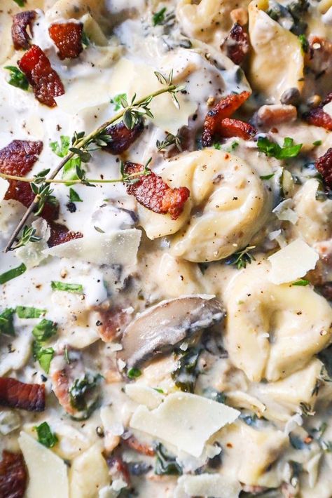 Creamy Bacon, Mushroom, & Parmesan Tortellini Soup Mushroom Tortellini Soup, Parmesan Tortellini, Mushroom Tortellini, Mushroom Parmesan, Creamy Tortellini, Creamy Tortellini Soup, Bacon Mushroom, Bacon Stuffed Mushrooms, Slow Cooker Chili