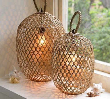 Decorate Your Home With 14 DIY Jute Designs Pottery Barn Lamps, Jute Design, Bamboo Chandelier, Bamboo Lantern, Rattan Lamp, Lambada, House Interior Decor, Beach Cottages, Candle Lanterns