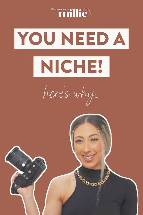 A Pinterest graphic with text that reads: You Need A Niche! Here's Why... by It's Modern Millie. Featuring a cut out image of her holding a camera and smiling. Vision Board Content, Influencer Vision Board, Content Creation Aesthetic, Ugc Content Examples, Creation Aesthetic, Instagram Influencer Aesthetic, Aesthetic Content Creator, Content Examples, Content Creator Aesthetic