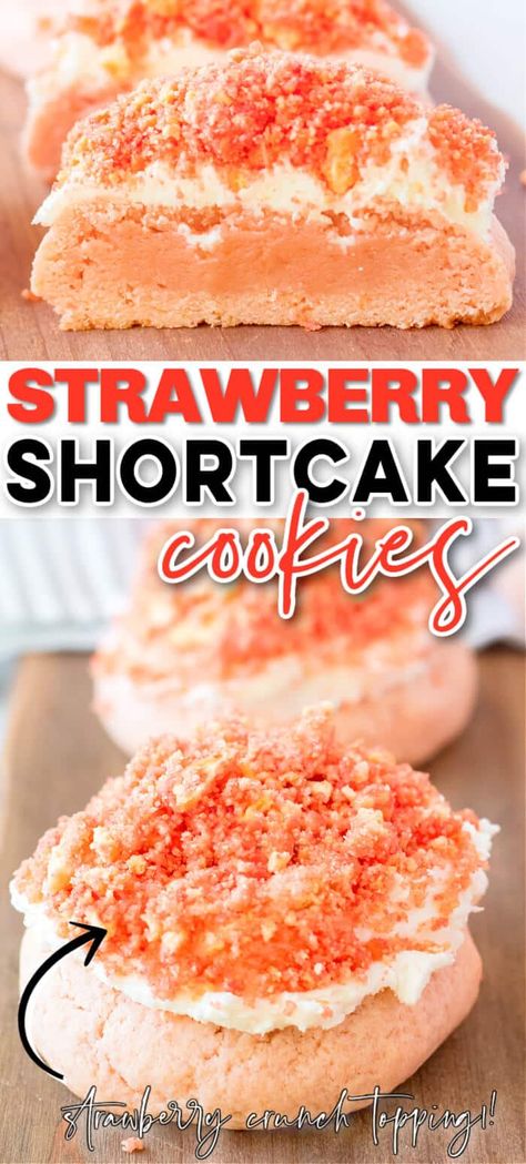 STRAWBERRY CRUNCH COOKIES RECIPE Strawberry Crunch Cookies, Strawberry Shortcake Crunch, Shortcake Cookies, Strawberry Shortcake Bars, Strawberry Shortcake Cookies, Crunch Cookies, Strawberry Crunch, Family Desserts, Gourmet Cookies