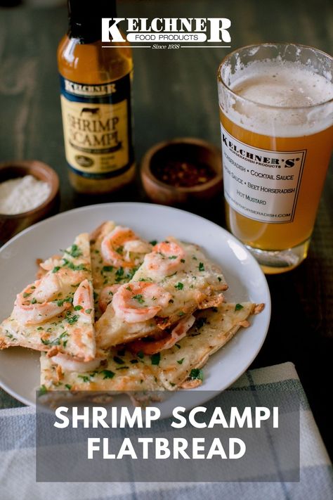 Directly from the Kelchner Test Kitchen, our Shrimp Scampi Flatbread is an outstanding creation that'll knock your socks off. This #NewRecipe is one for the books! #shrimpscampi #seafood #shrimp #flatbread #appetizer #kelchners Shrimp Scampi Flatbread, Shrimp Flatbread, Seafood Shrimp, Horseradish Sauce, Tailgating Recipes, Shrimp Scampi, Alfredo Sauce, Test Kitchen, Flatbread