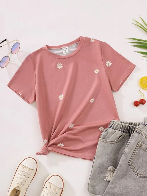 SHEIN Kids EVRYDAY Girls Floral Print Tee | SHEIN USA Pink Coffee Cups, Printed Tshirts, Shein Kids, Fabric Floral, Daisy Print, Vacation Style, Pink Tshirt, Print Tee, Summer Kids