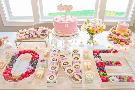 Daisy First Birthday Theme Food, 1st Birthday Girl Daisy Theme, First Birthday Entertainment Ideas, Daisy Party Food, First Birthday Table Setup, Easy First Birthday Party, Daisy Party Theme 1st Birthdays, Daisy Theme Birthday, Garden 1st Birthday Party