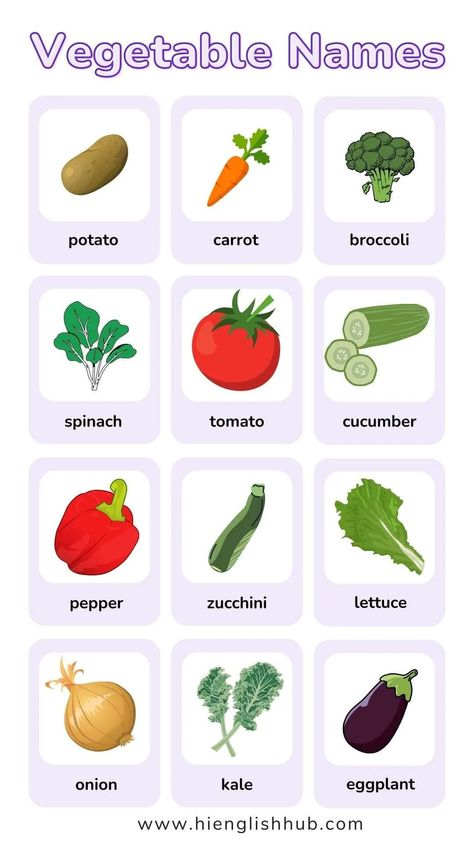 91+ Vegetable Names In English With Pictures - Hi English Hub Vegetables For Kindergarten, Vegetable Names In English, Food Names In English, Soal Tk, Vegetables Names With Pictures, Vegetables Flashcards, Name Of Vegetables, Ingles Kids, Drying Fresh Herbs