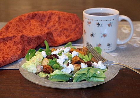 Roasted Vegetable Salad with Macadamia Nut Vinaigrette Scrambled Eggs With Spinach, Salad With Goat Cheese, Roasted Vegetable Salad, Flat Pan, Spinach Egg, Roasted Vegetable, Goat Cheese Salad, Macadamia Nut, Fall Flavors