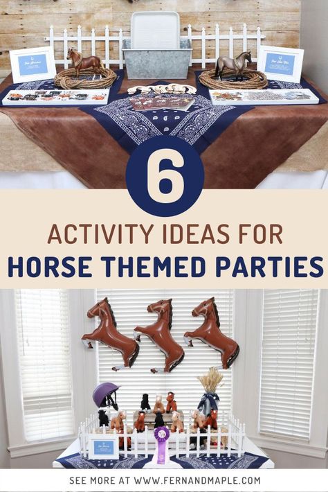 These fun and easy DIY activity ideas are perfect for kids of all ages who are equestrians or just love horses! Keep guests at your Horse Themed Party entertained with art, crafts, play areas and more! Get all of the details now at www.fernandmaple.com! Horse Themed Birthday Party, Horse Theme Birthday Party, Horse Party Decorations, Horse Racing Party, Horse Themed Party, Christmas Party Activities, Horse Birthday Parties, Toddler Birthday Party, Horse Party