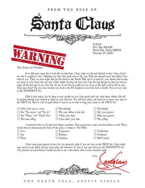 Free Printable Santa Letter Letter From Santa To Kids About Behavior, Naught List Letter From Santa, Naught Or Nice List Free Printable, Santa Warning Letter, Santa Claus Letter Template, Letter From Santa Template, Free Printable Santa Letters, Free Letters From Santa, Elf Letter