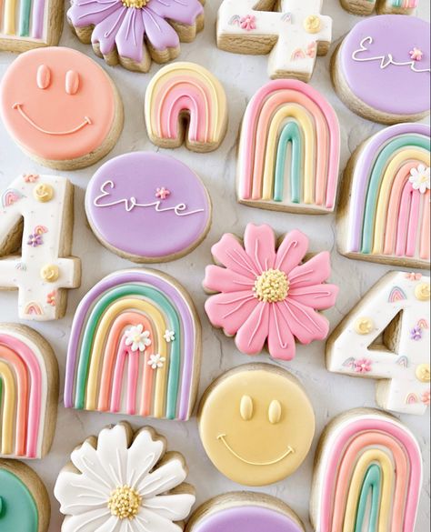 Sunshine Birthday Cakes, Rainbow Sugar Cookies, Horse Cookies, 5th Birthday Party Ideas, Paint Cookies, Rainbow Cookies, Sunshine Birthday, Sugar Cookie Designs, Holiday Snacks