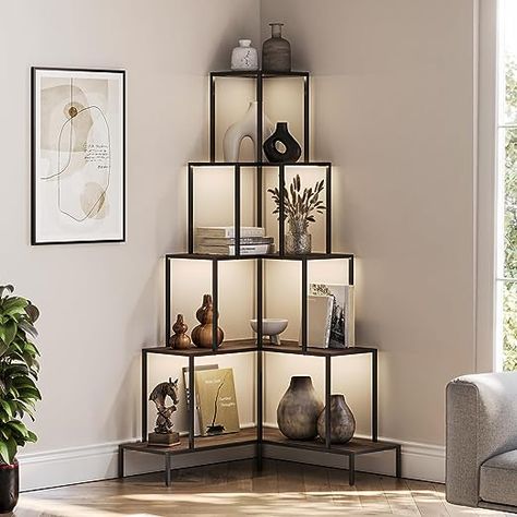 BELLEZE 5-Tier Corner Bookshelf with RGB Light, Remote Control Multiple Lighting Modes and Colors, 66" Tall L-Shaped Bookcase, Storage & Display Rack for Living Room, Courtyard and Home Office - Gray Blitz Design, Corner Bookshelf, Corner Bookshelves, Industrial Minimalist, Inspire Me Home Decor, Corner Shelf, Decoration Inspiration, Plants Flowers, Design Aesthetic