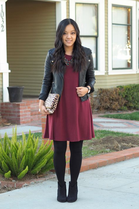 Go-To Combo for Dressing Up Almost Anything + Maroon Dress Lookalike Under $20 Maroon Dress Outfit, Burgundy Dress Outfit, Casual Leather Jacket, Gaun Fashion, Winter Dress Outfits, Maroon Dress, Dress Back, Casual Winter Outfits, Back In Stock