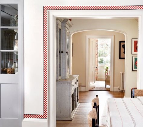 Susie Atkinson on Instagram: “Our new Ernie Wallpaper Border giving us American Diner vibes in this kitchen! 📷 by @milobrown_photography” Tiles Around Door Frame, Tiled Door Frame, Tile Around Door Frame, Tile Door Frame, Door Trim Ideas, Green Mosaic Tile, Trim Ideas, Note Design Studio, My Own Home