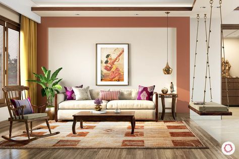 We Recreated Decor Styles From 5 Indian States Indian Living Room Designs Small Spaces, Indian Style Living Room, Indian Living Room Design, Ethnic Living Room, Living Room Indian, Indian Interior Design, Indian Room Decor, Indian Living Room, Living Room Wall Color