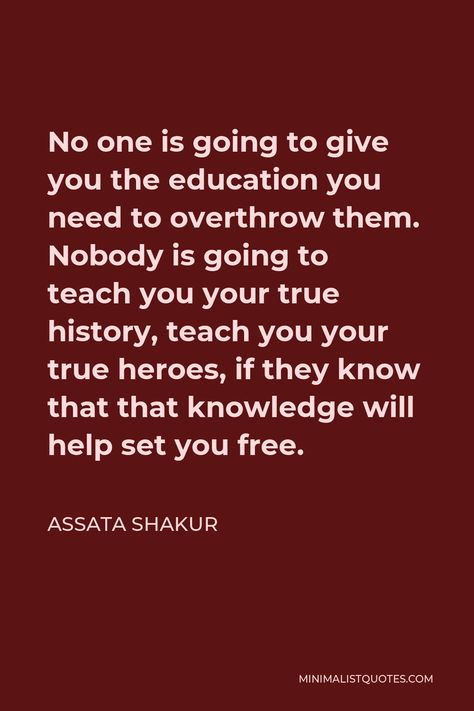 Assata Shakur Quote: No one is going to give you the education you need to overthrow them. Nobody is going to teach you your true history, teach you your true heroes, if they know that that knowledge will help set you free. Assata Shakur Quotes, Revolutionary Quotes, Assata Shakur, History Quotes, Peaceful Protest, Awesome Quotes, Jokes For Kids, White People, Set You Free