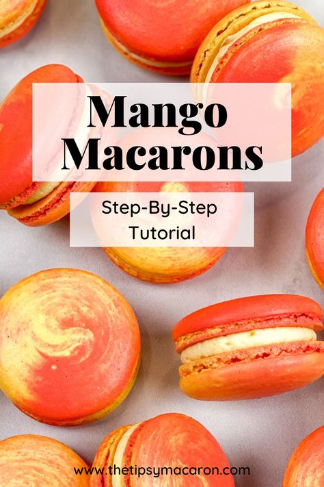 Mango Macaron Filling, Mango Filling, Mango Macarons Recipe, Huckleberry Macarons, Coconut Macaron Recipe, Mango Macarons, Sugar Free Macarons, Macroonies Recipe Flavors, Textured Macarons