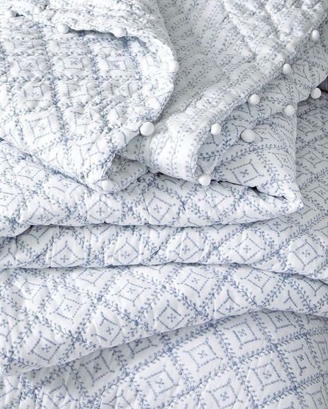 The White Company on Instagram: "Our strking Hambledon Quilt is made from pure cotton and hand-quilted. The beautiful blue-and-white patterns are finished with a hand-applied pom-pom trim and a contrasting design on the reverse. Just the thing for giving your bed a fresh update. Tap to Shop #thewhitecompany" Blue Bed Covers, Quilt Cushion, Blue Bedroom Decor, Dorm Room Inspiration, White Company, Clever Storage Solutions, Gray Interior, Pom Pom Trim, The White Company