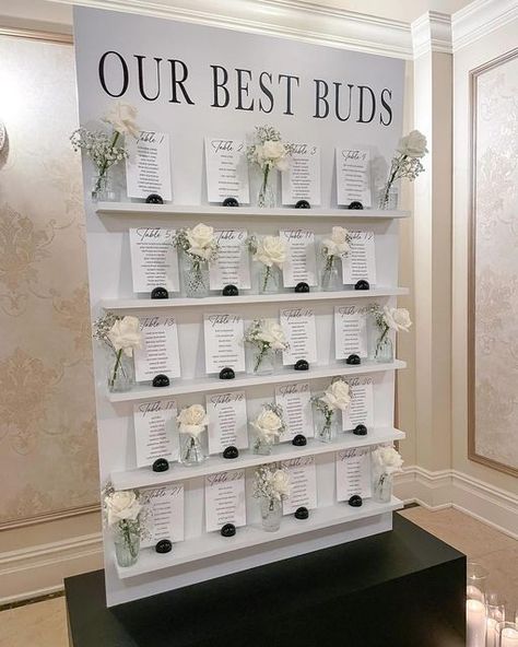 Flawless Functions on Instagram: "Our Best Buds 🤍  #wedding #weddingday #weddinginspiration #weddingdecor #weddingseason #weddingseatingchart #seatingchart #seatingchartideas #ourbestbuds #budvasewedding #budvase #weddingcenterpieces #whiteroses #bride #bridetobe #modernwedding #blackweddingdecor #diywedding #diyweddingideas #weddingflowers #weddingsign" Best Buds Seating Chart, Our Best Buds Seating Chart, Black Wedding Decorations, Best Bud, Seating Chart Wedding, Wedding Mood, Wedding Seating, Seating Chart, Seating Charts