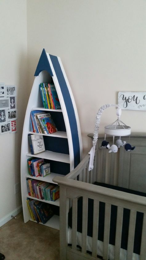 Nursery Boat Bookshelf Boat Themed Nursery, Boat Bookshelf, Corner Shelf Boat, Sail Boat Nursery Theme, Boat Shape Book Shelf, Boat Bookcase Nursery, Boat Shaped Shelves, Boat Bookcase, Boat Shelf