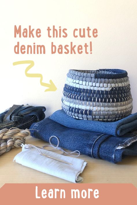 Basket making is a simple and relaxing craft that allows you to use spare fabrics. I will show you how to make your own beautiful DIY baskets from a pair of old jeans with our most popular craft course ever. Old Jeans Projects, Denim Basket, Diy Jeans Crafts, Diy Old Jeans, Basket Weaving Diy, Diy Jeans, Denim Crafts Diy, Basket Making, Blue Jeans Crafts