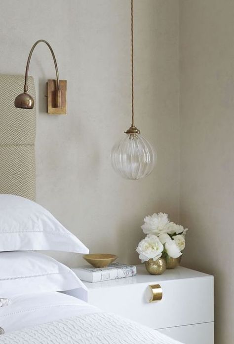 Hanging Bedside Lamps, Hanging Bedside Lights, Hanging Bedroom Lights, Bedside Pendant Lights, Helen Green, Green Interior Design, Bedroom Pendant, Pendant Lighting Bedroom, Bedroom Lights