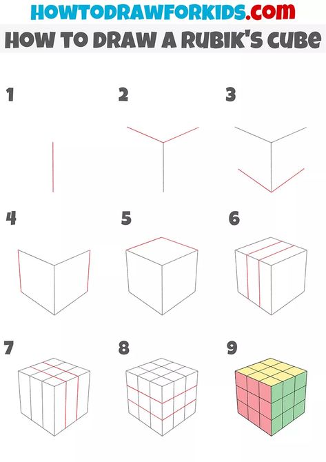 How to Draw a Rubik's Cube - Easy Drawing Tutorial For Kids How To Draw Rubik Cube, How To Draw A Rubix Cube, Rubics Cube Drawing, How To Draw A Cube, Cube Design Art, 3d Cube Drawing, Mindful Drawing, Optical Illusions Drawings, Optical Illusion Drawing