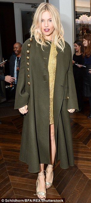 Seasonally stylish: The actress donned a funky olive military-style great coat to top her ... Funky Jackets, Siena Miller, Sienna Miller Style, Parisian Street, Thomas Burberry, Mini Gold Dress, Army Style, Great Coat