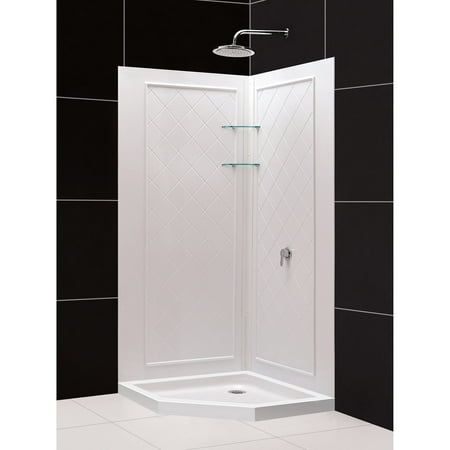 DreamLine 38 in. x 38 in. x 76 3/4 in. H Neo-Angle Shower Base and QWALL-4 Acrylic Corner Backwall Kit in White Size: 38" x 38".  Color: Silver. Corner Shower Kits, Dreamline Shower, Neo Angle Shower, Shower Stalls, Sliding Door Design, Shower Bases, Shower Base, Shower Pan, Frameless Shower