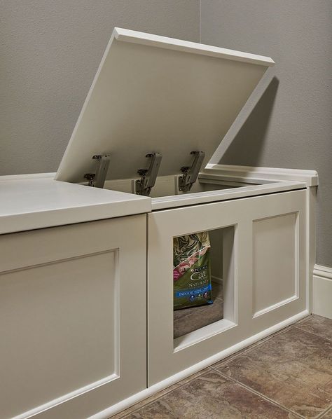 Cat Litter Box Ideas Mudroom, Laundry Room And Cat Room, Cat Litter Box Ideas Basement, Built In Litter Box Ideas Laundry Room, Utility Room Cat Litter, Built In Cat Litter Box Ideas, Mudroom Cat Litter, Custom Litter Box Cabinet, Litterbox In Laundry Room