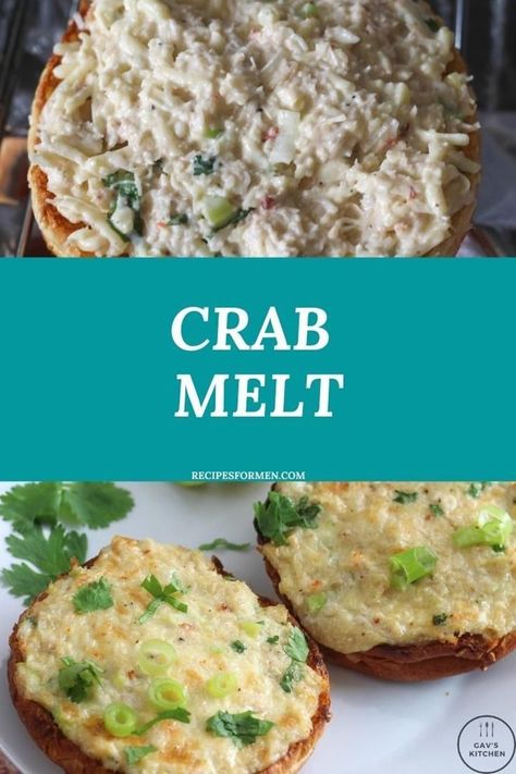 A simple recipe for a crab melt with cheddar cheese. What a great way to eat crab meat! Crab melt, crab melts english muffins, crab melt sandwich, crab melts open faced, crab melt sandwich recipes, crab meltaways, crab melts english muffins recipe, crab meltaways recipe, Gav's Kitchen, crab melt sandwich, crab melt sandwich recipes, crab melt sandwich grilled cheeses, Melt Sandwich Recipes, Crab Melt Sandwich, Crab Sandwich Recipe, Crab Dips, Crab Melts, English Muffins Recipe, Crab Melt, Food Dinners, Easy Sandwich Recipes