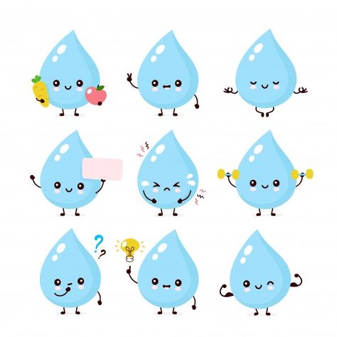 Cute smiling happy water drop set collec... | Premium Vector #Freepik #vector #water #character #cartoon #drop Water Drop Drawing Cartoon, Water Drop Character, Water Drop Cartoon, Water Droplets Drawing, Water Character, Water Drop Drawing, Water Cartoon, Save Water Poster, Umbrella Illustration