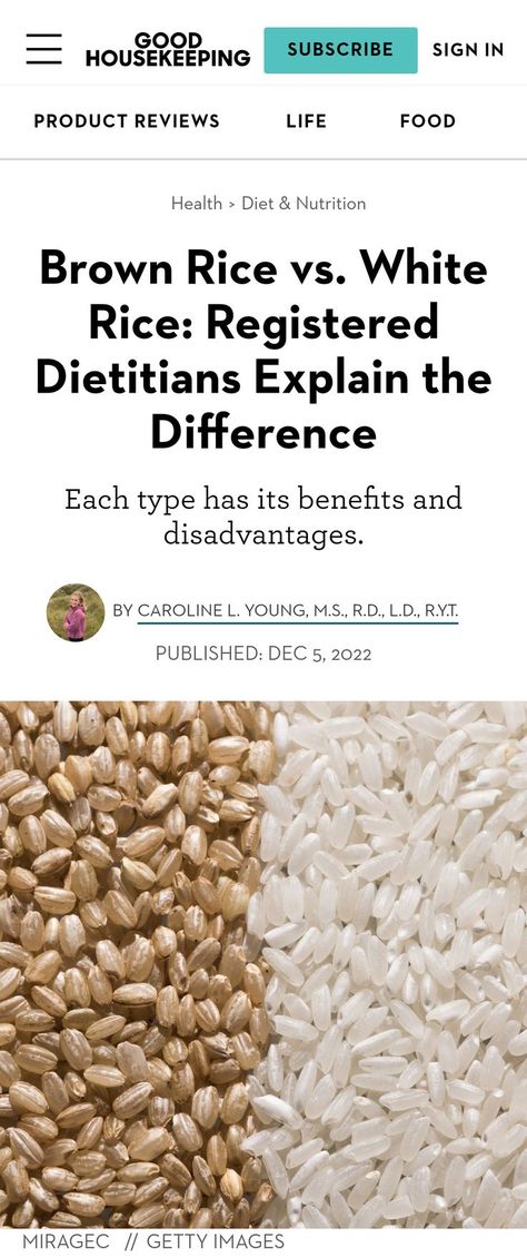 Brown Rice vs. White Rice: Registered Dietitians Explain the Difference | "Each type has its benefits and disadvantages." ~Caroline L. Young, M.S., R.D., L.D., R.Y.T. Brown Rice Vs White Rice, Brown Rice Benefits, Types Of Rice, Vitamin B3 Niacin, Sources Of Carbohydrates, Complex Carbohydrates, Rice Varieties, Registered Dietitian, Good Housekeeping