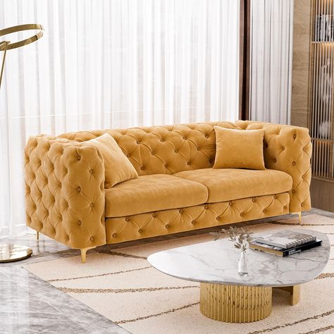 PRICES MAY VARY. 【STYLISH TUFTED BUTTON DESIGN】 This velvet couch features elegant tufted buttons and 4 shiny gold metal legs to catch your eye. This mid century morden sofa brings a touch of streamlined luxury to your living room, bedroom, office or lounge, offering a vintage modern aesthetic that will enhance the visual appeal of any space. 【STURDY AND STABLE】Featuring a solid wood frame and highly resilient spring coils, this velvet sofa provides a supportive seat that allows you to relax whenever you want and is less likely to collapse over time. Gold metal legs ensure stability and durability, and this chesterfield sofa has a weight capacity of up to 600 pounds. 【MODERN VELVET SOFA】This modern sofa features plush velvet tufting and comfortable seat cushions with built-in high-density Chesterfield Loveseat, Big Couch, Velvet Chesterfield, Modern Velvet Sofa, Velvet Chesterfield Sofa, Tufted Couch, The Big Comfy Couch, Velvet Tufted Sofa, Upholstered Couch