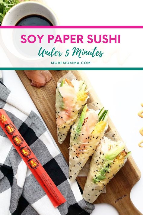 Enjoy another sushi date night with your family with this soy paper sushi under 5 minutes. The best part about this recipe is it’s versatility. You can use any sushi wrap that you prefer and change up the fillings to best fit your taste buds. These easy soy paper sushi hand rolls are perfect for a healthy, gluten free dinner or appetizer. Tap here to learn how to make sushi rolls with soy paper now! | Meal Planning Sushi Date Night, Paper Sushi, Sushi Wrap, Sushi Recipe, Sushi Date, Spicy Crab, Picky Eaters Kids, Asian Pork, Gluten Free Soy Sauce