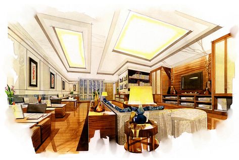 Sketch perspective interior living office into a watercolor Perspective Sketch, Interior Design Renderings, Drawing Interior, Interior Design Drawings, Interior Design Presentation, Interior Design Sketches, Interior Sketch, Interior Illustration, Interior Rendering