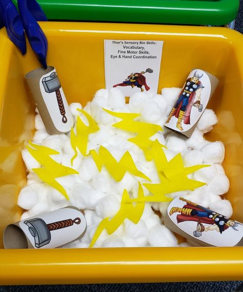 Superhero Sensory Bin Preschool, Super Hero Sensory Bins, Superhero Sensory Bin, Superhero Sensory, Superhero Lesson Plans, Superhero Lessons, Superhero Preschool, Superhero Week, Super Hero Activities