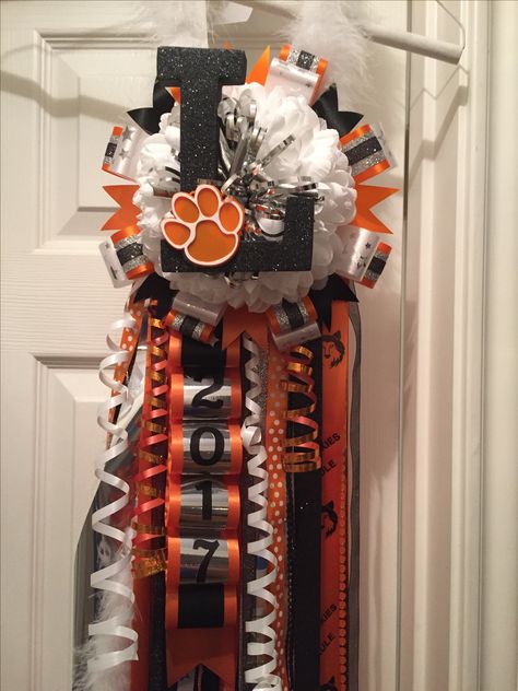 Homecoming Mums Orange And Black, Black And Orange Homecoming Mum, Orange Black And White Homecoming Mums, Orange And Black Homecoming Mums, Sophomore Mum, Cheer Mums, Mum Ideas, Homecoming Spirit, White Mums