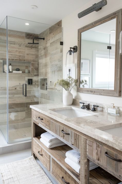 Organic modern bathroom ideas blend natural elements with sleek design, crafting a serene and contemporary space. Discover more here. Modern Farmhouse Bathroom Ideas, Modern Farmhouse Bathroom Decor, Organic Modern Bathroom, New Bathroom Designs, Farmhouse Bathroom Decor Ideas, Eclectic Bathroom, Bathroom Design Trends, Modern Farmhouse Bathroom, Double Vanity Bathroom